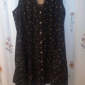 Black Sleeveless Button-Up Dress with Floral Pattern With Pockets